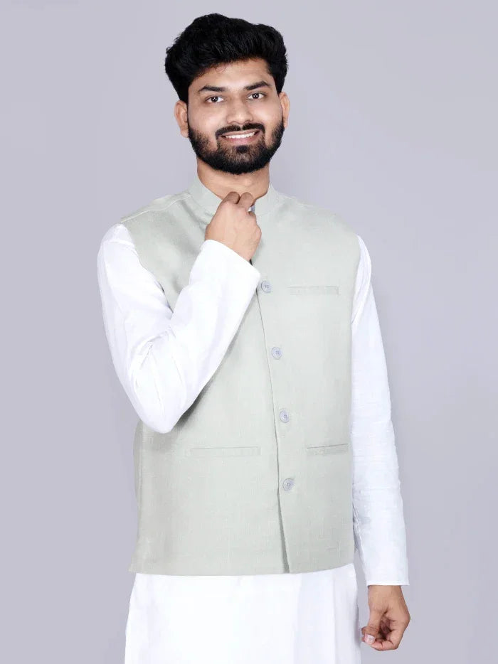 Silver Solid Poly Cotton Modi Jacket - WeaversIndia