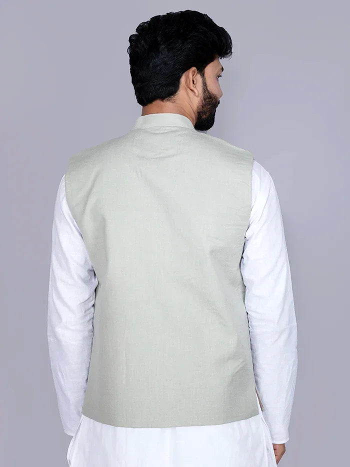 Silver Solid Poly Cotton Modi Jacket - WeaversIndia