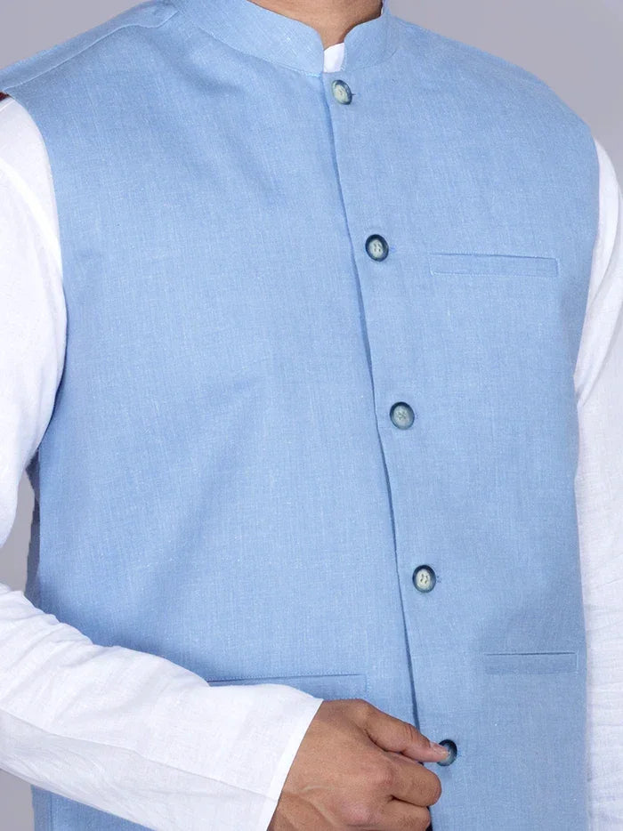 Blue Solid Poly Cotton Modi Jacket - WeaversIndia