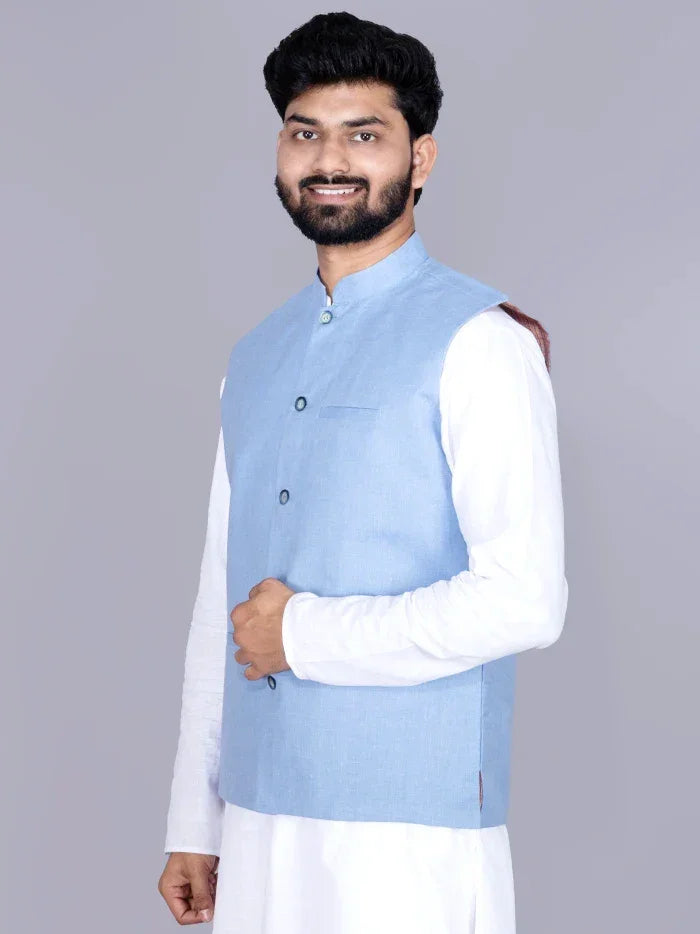 Blue Solid Poly Cotton Modi Jacket - WeaversIndia