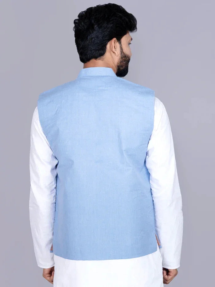 Blue Solid Poly Cotton Modi Jacket - WeaversIndia