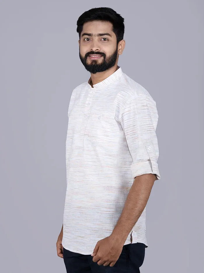 Off White Handwoven Cotton Men Short Kurta - WeaversIndia