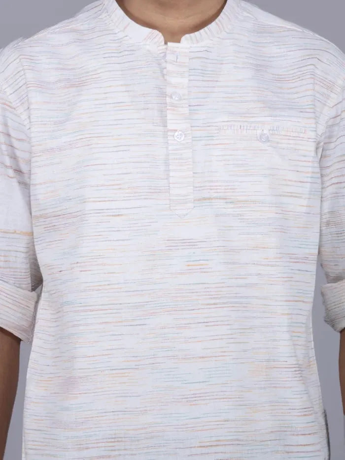 Off White Handwoven Cotton Men Short Kurta - WeaversIndia