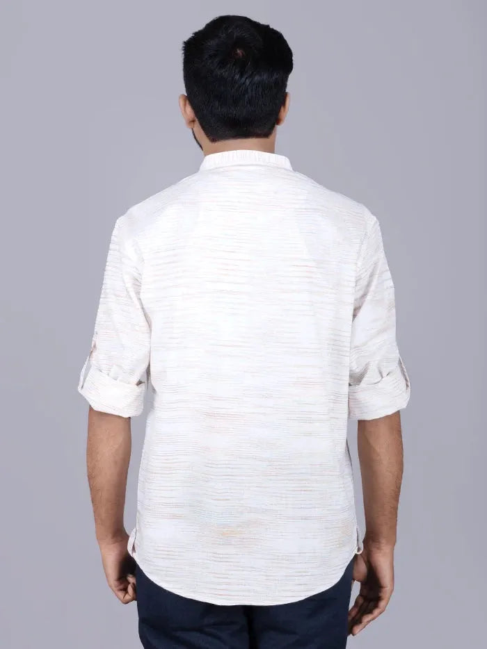 Off White Handwoven Cotton Men Short Kurta - WeaversIndia