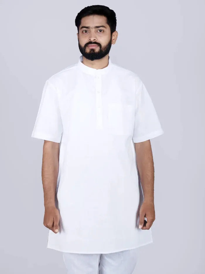 Organic Cotton White Half Sleeves Men Kurta - WeaversIndia