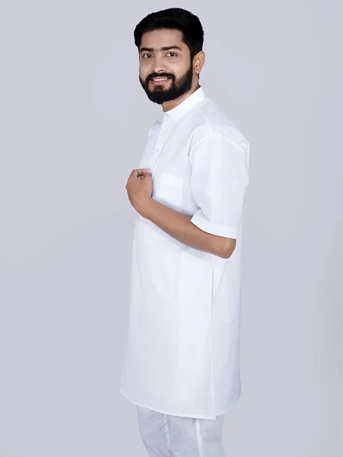 Organic Cotton White Half Sleeves Men Kurta - WeaversIndia