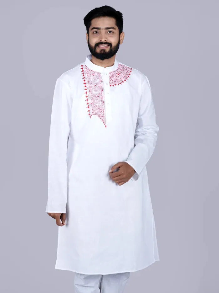 Hand Painted Handwoven Organic Cotton White Men Kurta