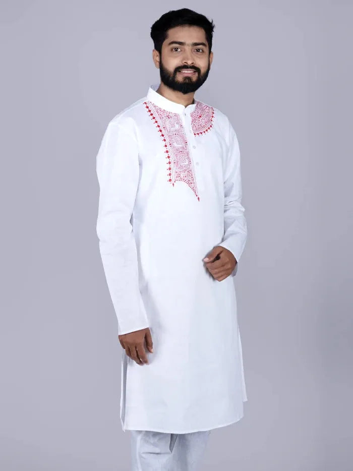 Hand Painted Handwoven Organic Cotton White Men Kurta