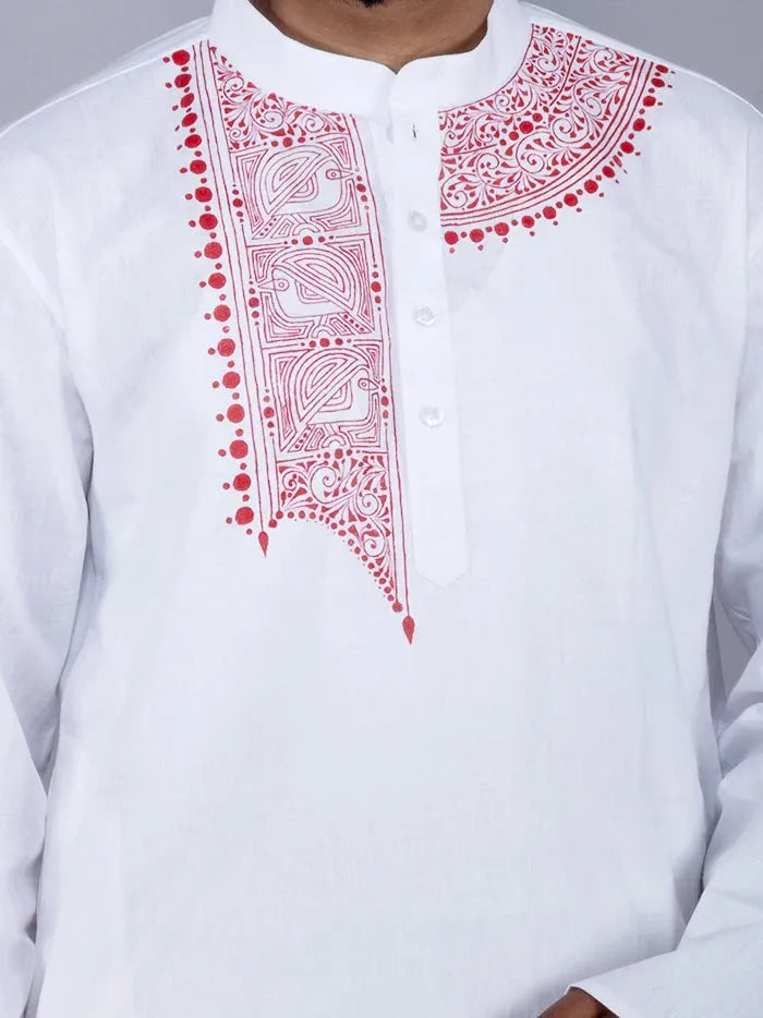 Hand Painted Handwoven Organic Cotton White Men Kurta