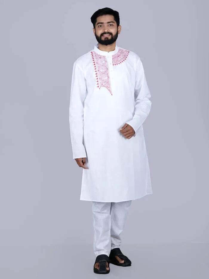 Hand Painted Handwoven Organic Cotton White Men Kurta