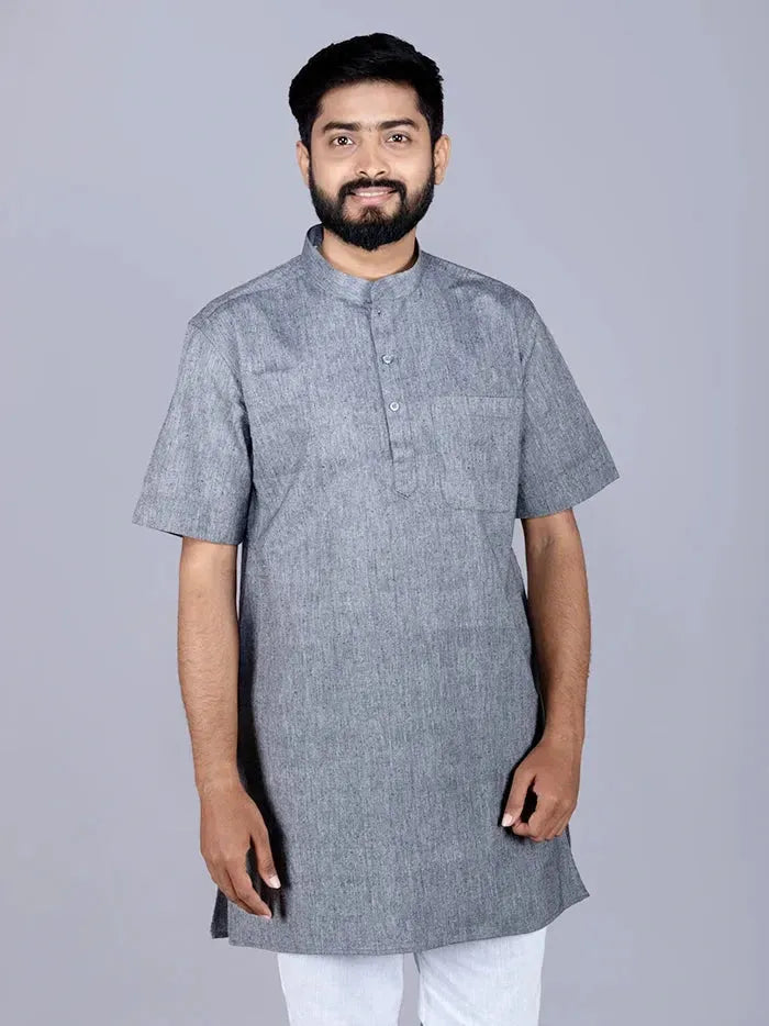 Black Grey Handwoven Organic Cotton Men Kurta - WeaversIndia