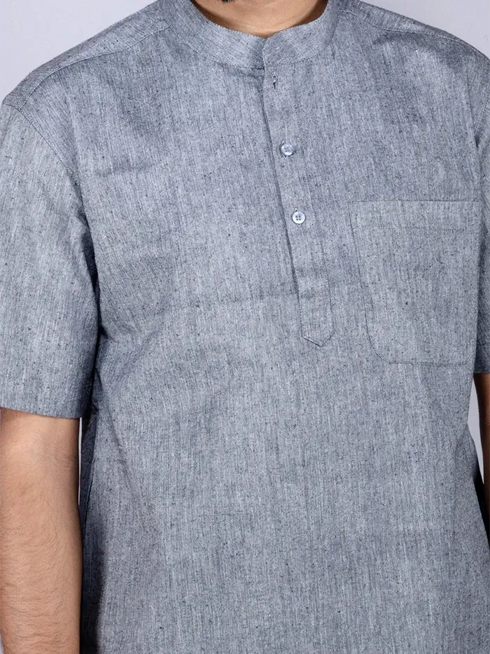Black Grey Handwoven Organic Cotton Men Kurta - WeaversIndia