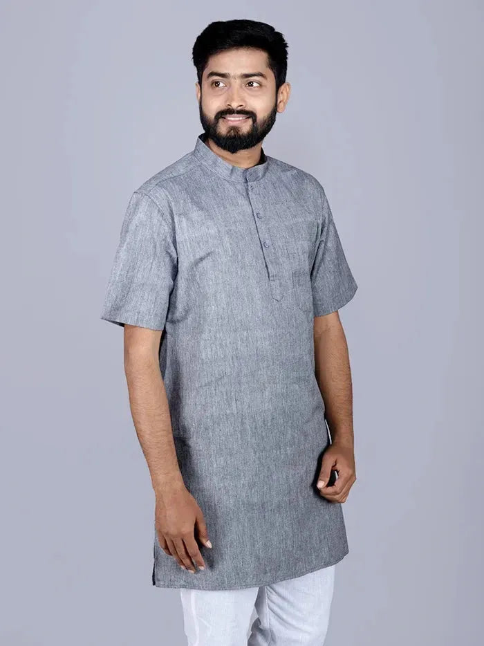 Black Grey Handwoven Organic Cotton Men Kurta - WeaversIndia