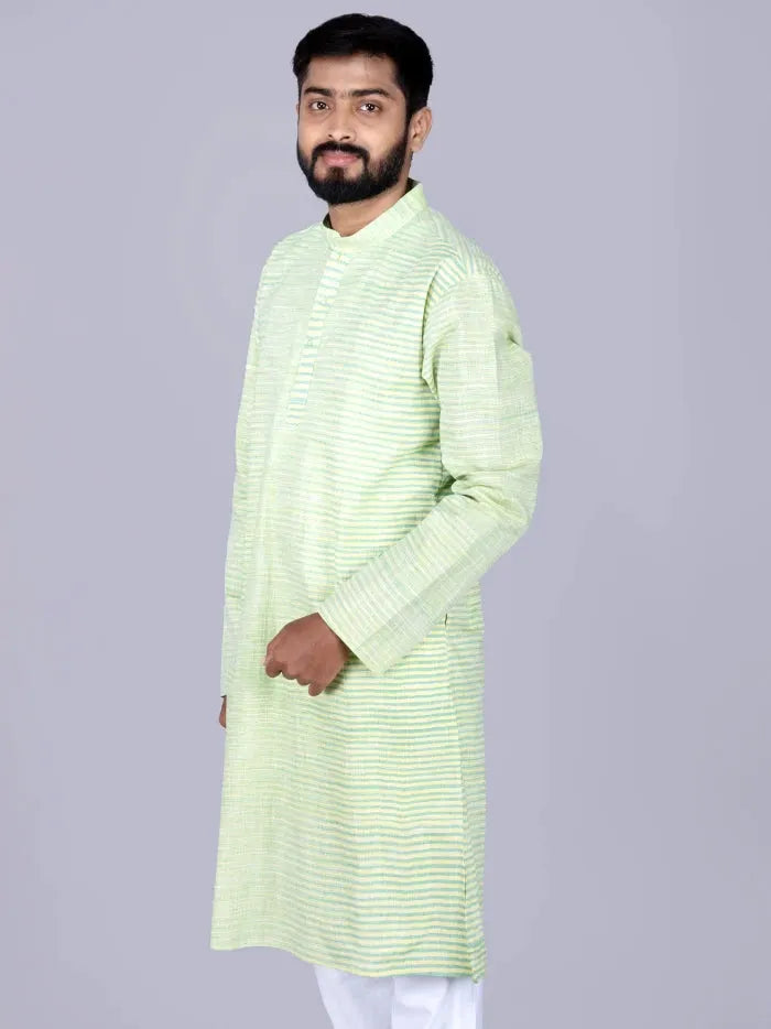Green Yellow Striped Handwoven Organic Cotton Men Kurta - WeaversIndia