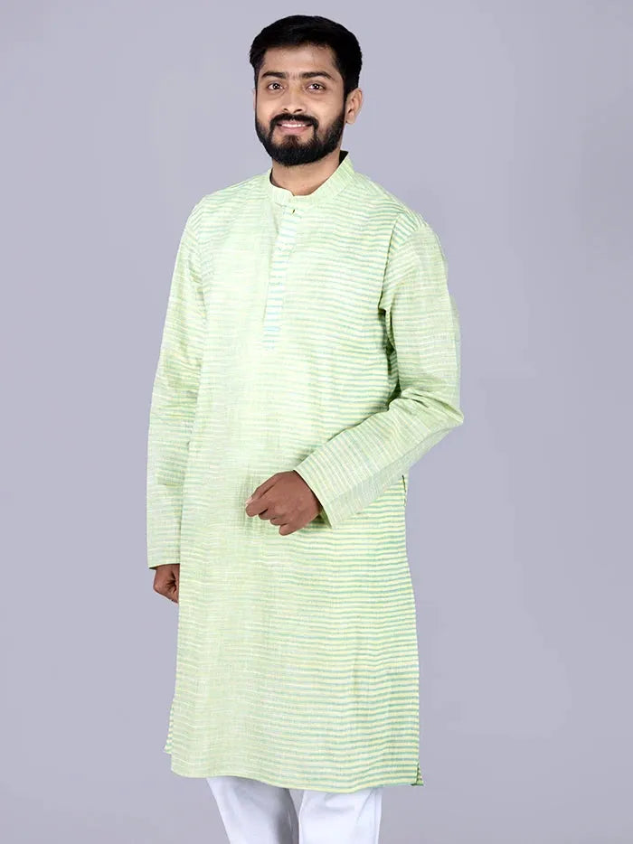 Green Yellow Striped Handwoven Organic Cotton Men Kurta - WeaversIndia