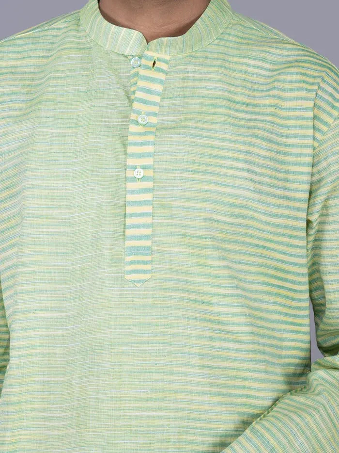 Green Yellow Striped Handwoven Organic Cotton Men Kurta - WeaversIndia