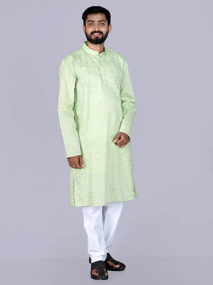 Green Yellow Striped Handwoven Organic Cotton Men Kurta - WeaversIndia
