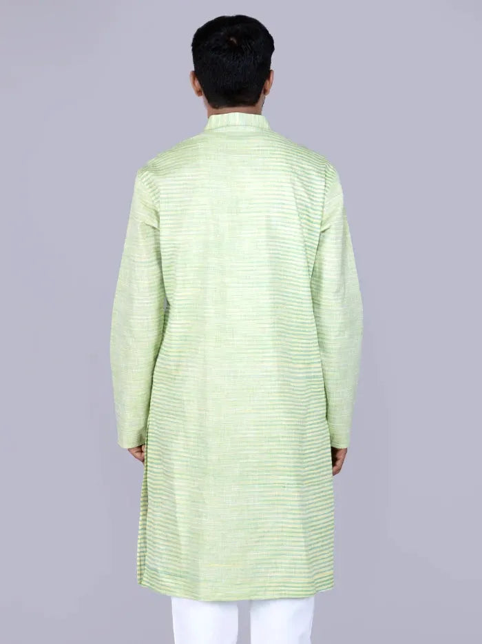 Green Yellow Striped Handwoven Organic Cotton Men Kurta - WeaversIndia