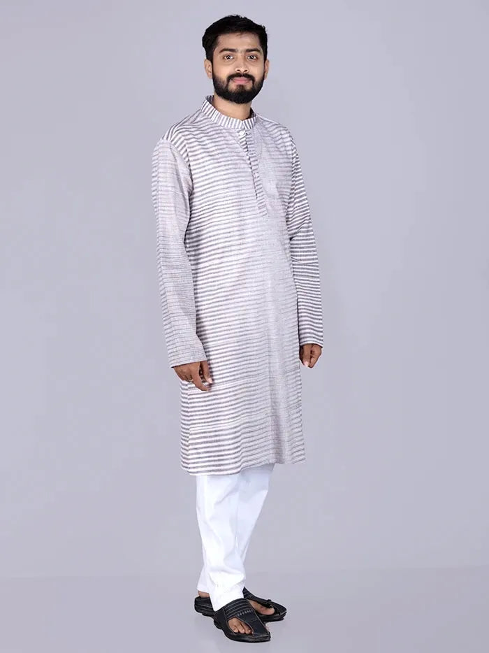 Brown White Striped Organic Khadi Cotton Men Kurta - WeaversIndia