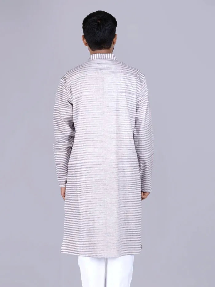 Brown White Striped Handwoven Organic Cotton Men Kurta