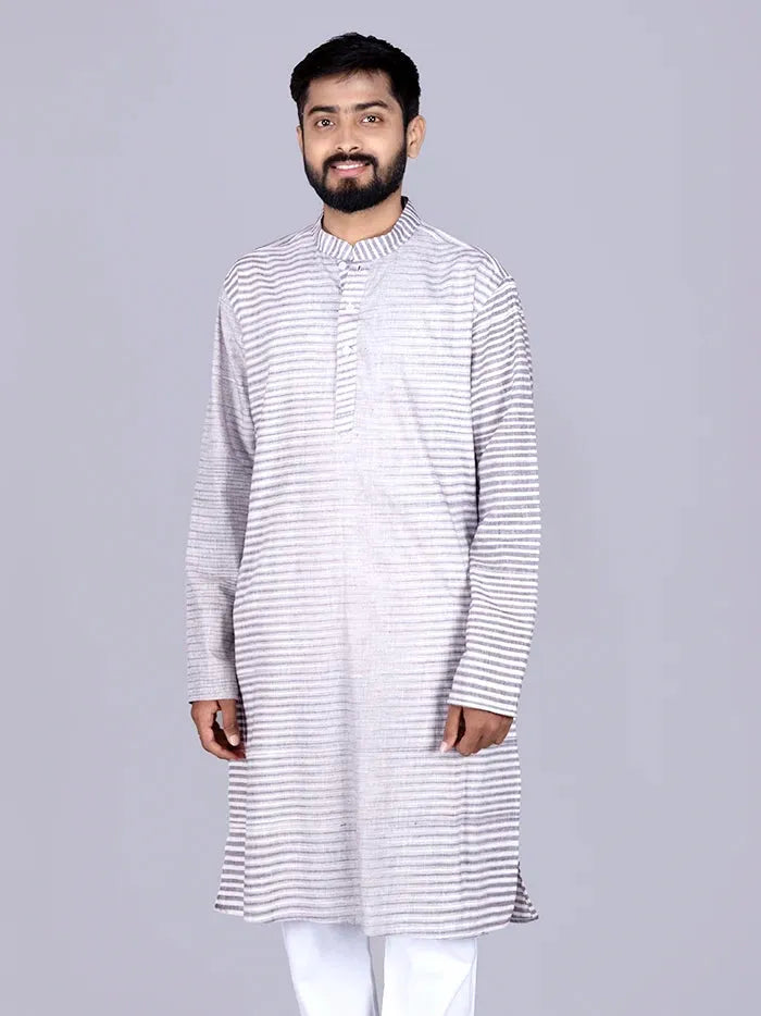 Brown White Striped Organic Khadi Cotton Men Kurta - WeaversIndia