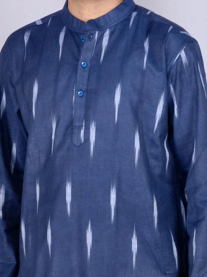 Navy Blue Ikkat Cotton Full Sleeves Men Kurta - WeaversIndia