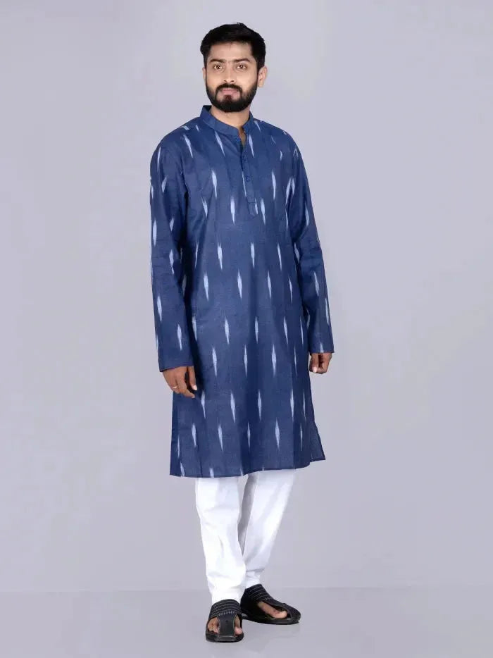 Navy Blue Ikkat Cotton Full Sleeves Men Kurta - WeaversIndia