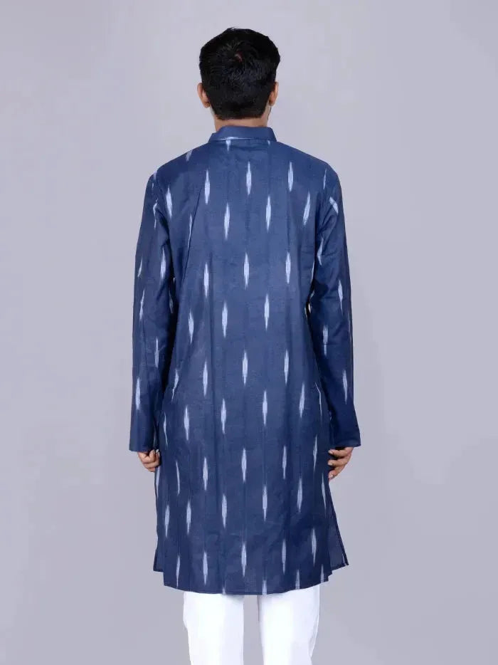 Navy Blue Ikkat Cotton Full Sleeves Men Kurta - WeaversIndia