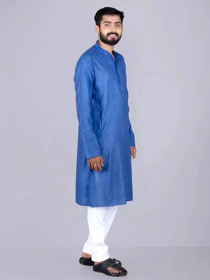 Blue Solid Handwoven Slab Cotton Men Kurta - WeaversIndia