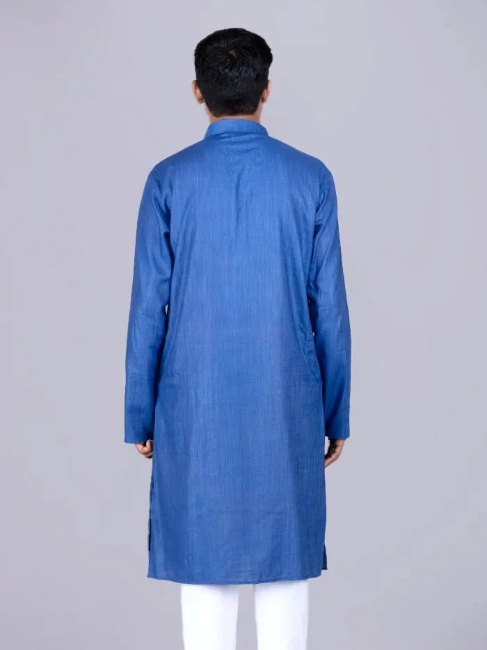 Blue Solid Handwoven Slab Cotton Men Kurta - WeaversIndia