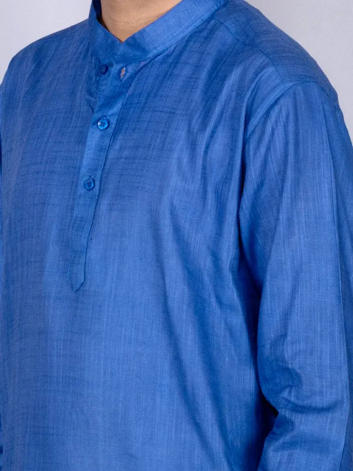 Blue Solid Handwoven Slab Cotton Men Kurta - WeaversIndia