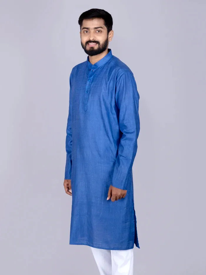 Blue Solid Handwoven Slab Cotton Men Kurta - WeaversIndia