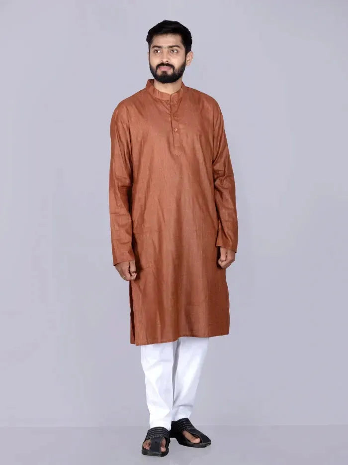 Brown Solid Slab Cotton Full Sleeves Men Kurta