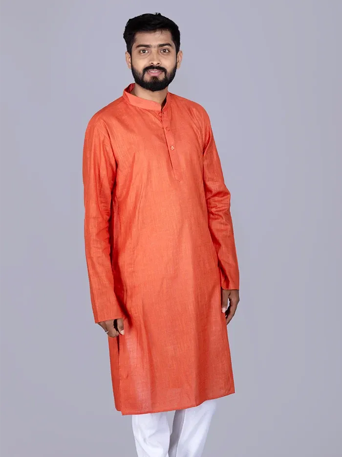 Rust Solid Handwoven Slab Cotton Men Kurta