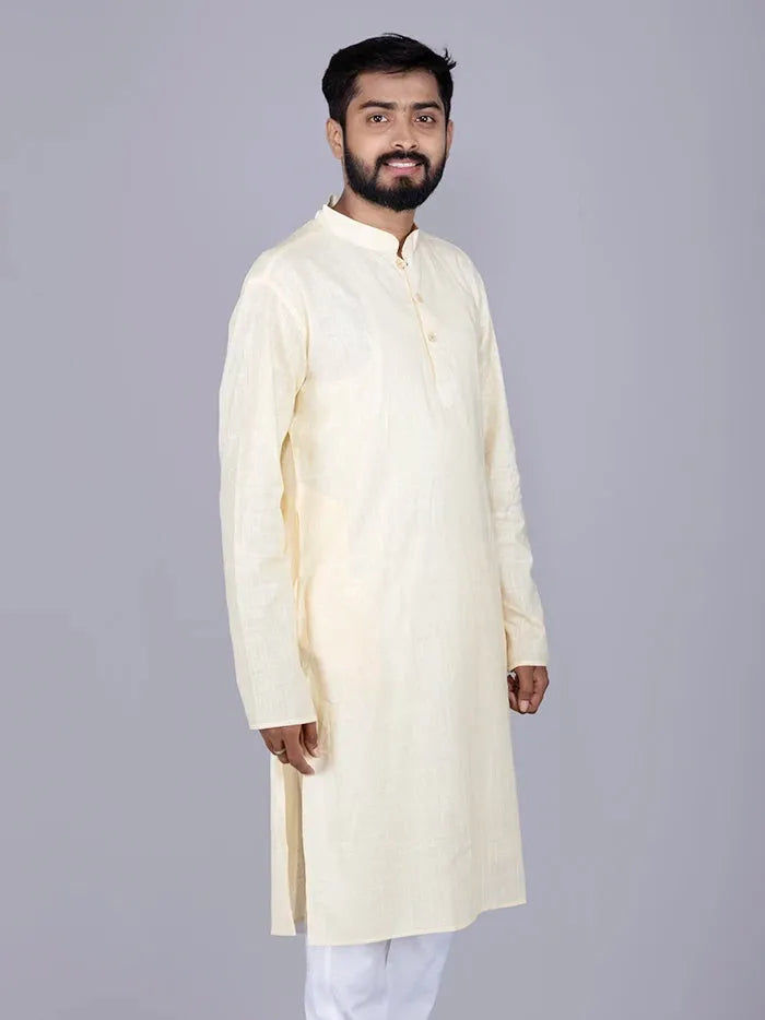 Cream Solid Handwoven Slab Cotton Men Kurta