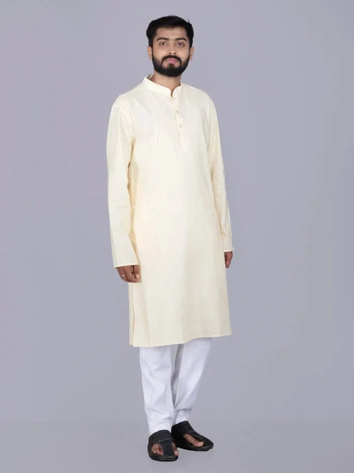 Cream Solid Handwoven Slab Cotton Men Kurta