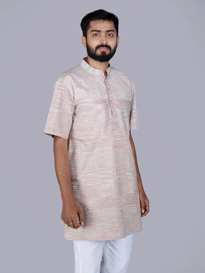Multi Colour Stirped Handwoven Cotton Men Kurta - WeaversIndia
