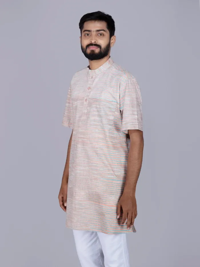 Multi Colour Stirped Handwoven Cotton Men Kurta - WeaversIndia