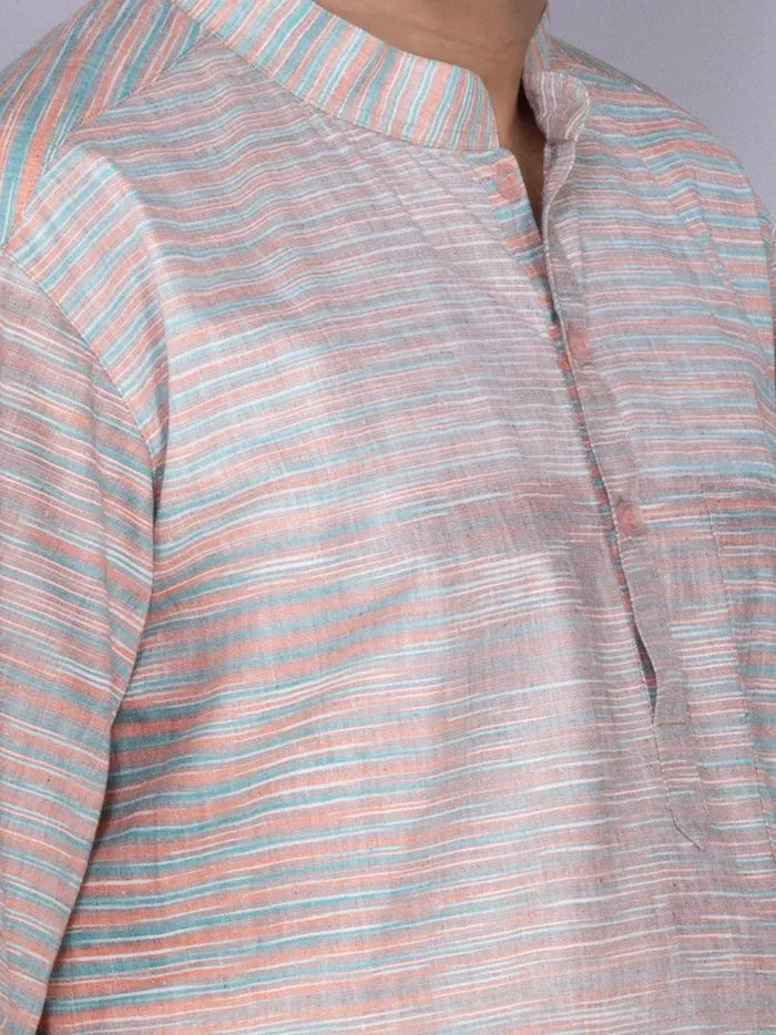 Multi Colour Stirped Handwoven Cotton Men Kurta - WeaversIndia