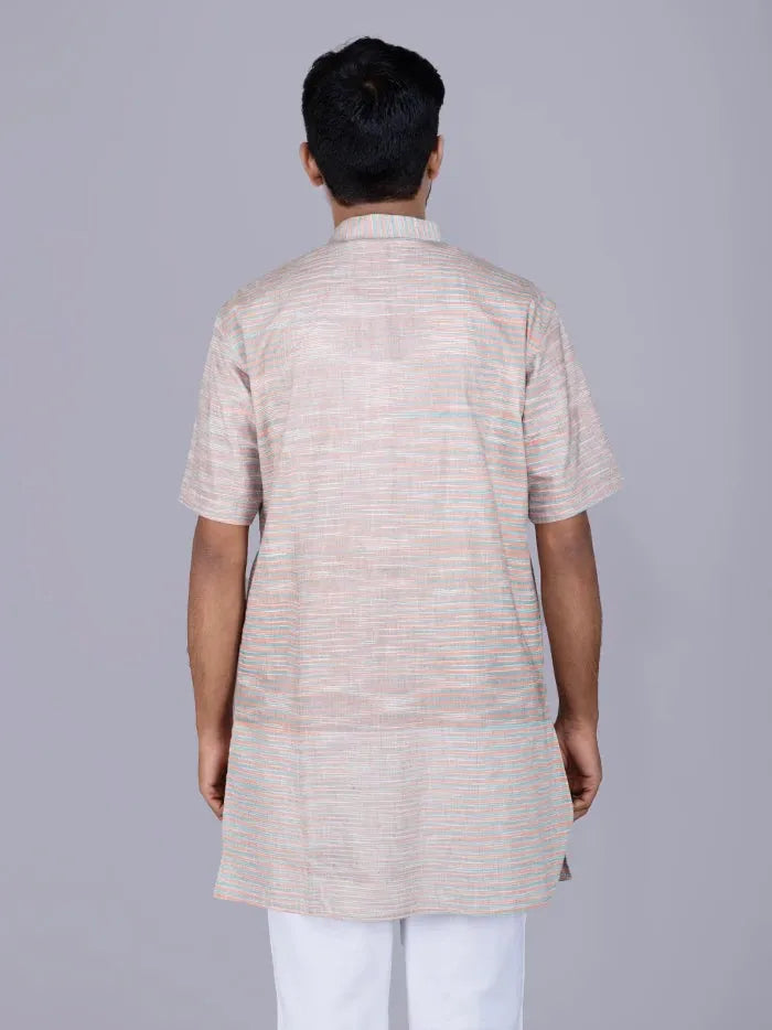 Multi Colour Stirped Handwoven Cotton Men Kurta - WeaversIndia
