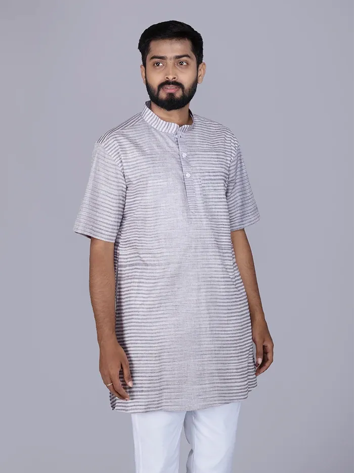 Brown Striped Handwoven Organic Cotton Men Kurta - WeaversIndia