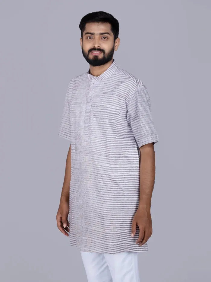 Brown Striped Handwoven Organic Cotton Men Kurta - WeaversIndia
