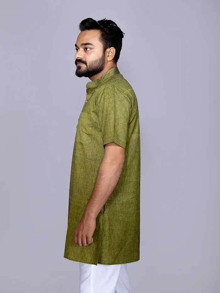 Green Solid Handwoven Cotton Men Kurta