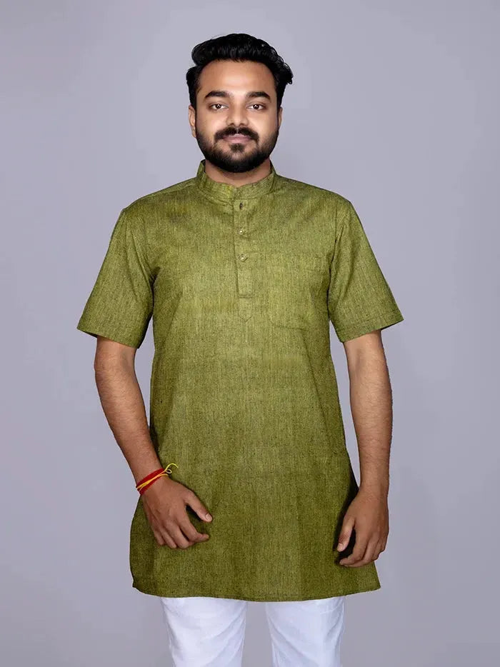 Green Solid Handwoven Cotton Men Kurta