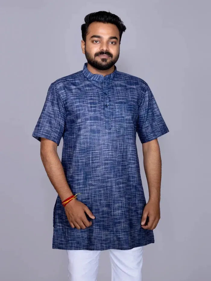 Berkeley Blue Springs Organic Cotton Half Sleeves Men Kurta - WeaversIndia