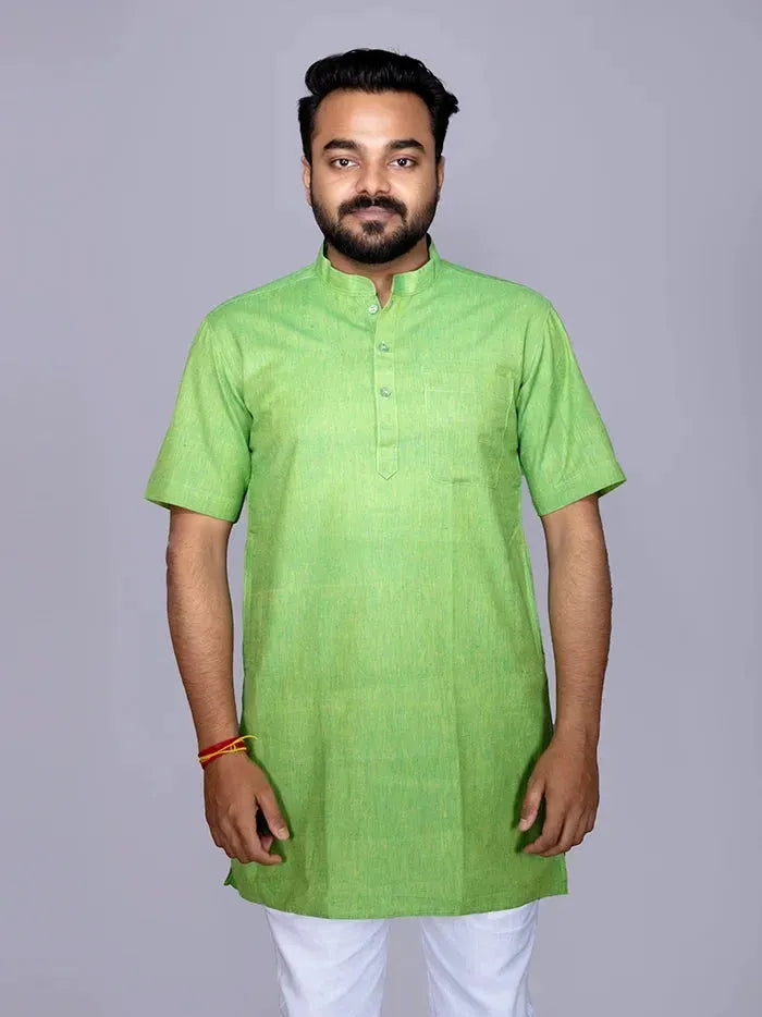 Green Solid Handwoven Cotton Men Kurta