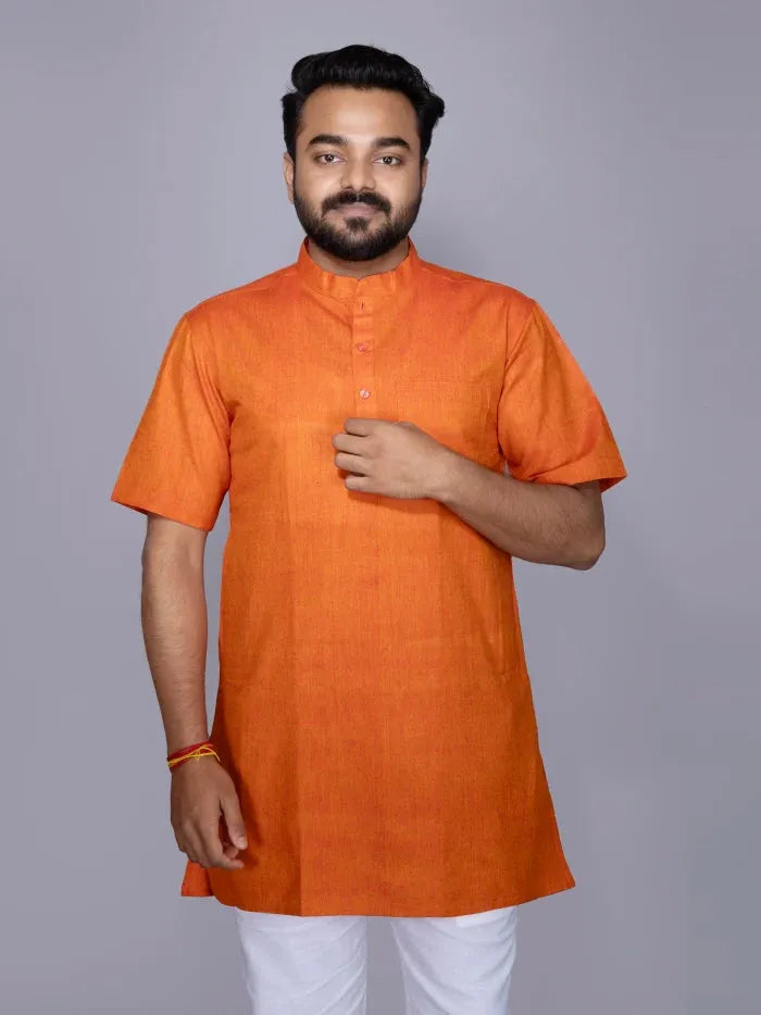 Red Orange Solid Handwoven Cotton Men Kurta