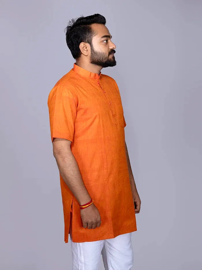 Red Orange Solid Handwoven Cotton Men Kurta