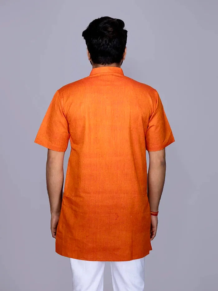 Red Orange Solid Handwoven Cotton Men Kurta