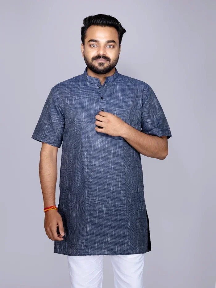 Blue Handwoven Organic Cotton Men Kurta - WeaversIndia
